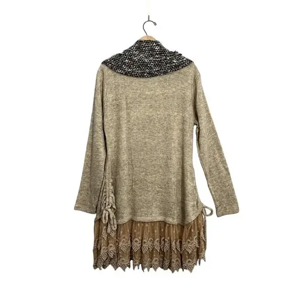 Ryu Sweater Dress Womens XL Beige Cowl Neck Lace Hem Boho Feminine Artsy - Picture 2 of 14
